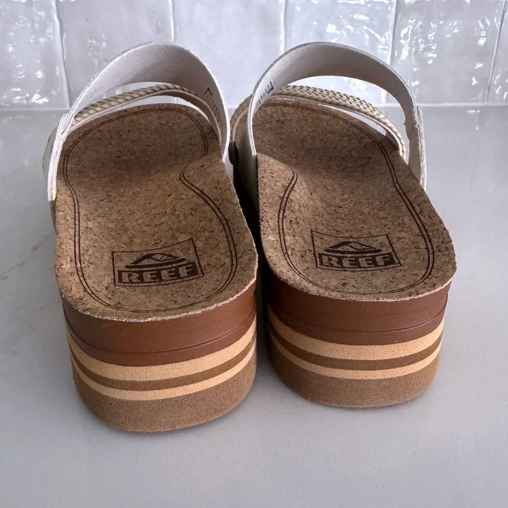 Reef Cushion Vista Hi Sandals Women 6 Cream Woven Cork Platform Slide Wedge